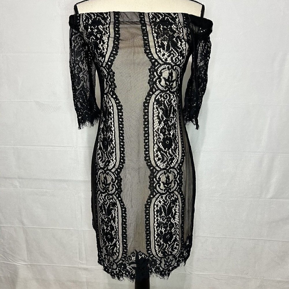 NWT Lush Black Nude Lace Overlay Off Shoulder Dress Lined Size M NEW